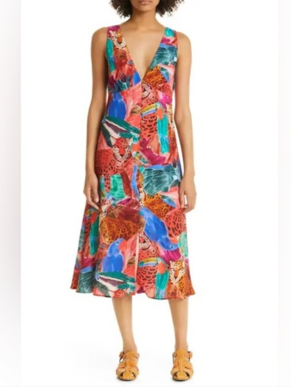 Farm Rio Animal Collage Multi Color Deep V-neck Midi Dress Women's Size Small